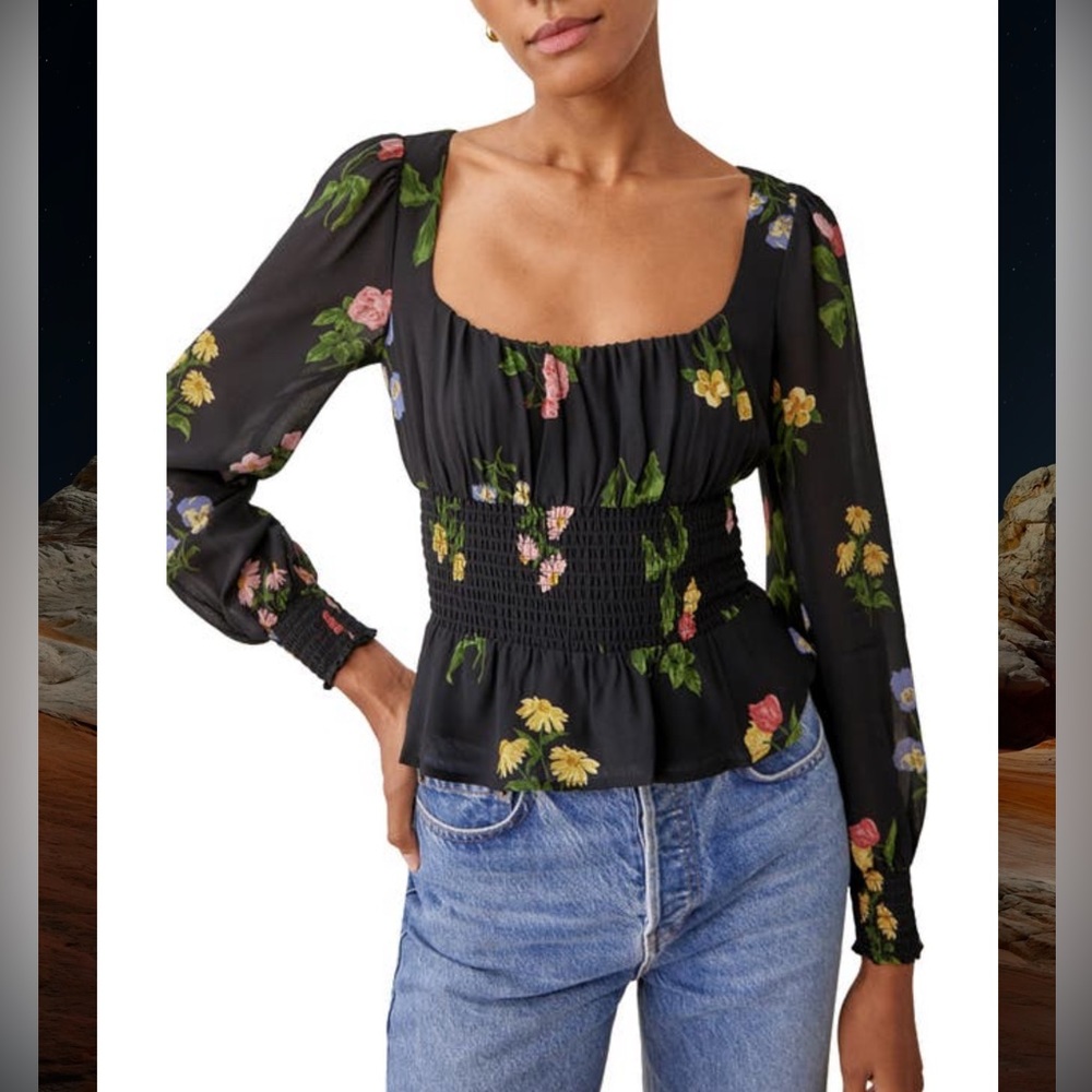 Reformation ruched long sleeve blouse